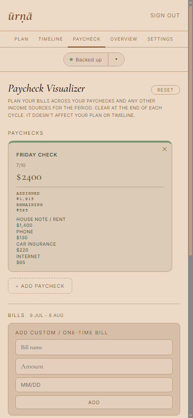 the paycheck visualizer on mobile — assign each bill to the paycheck that will cover it
